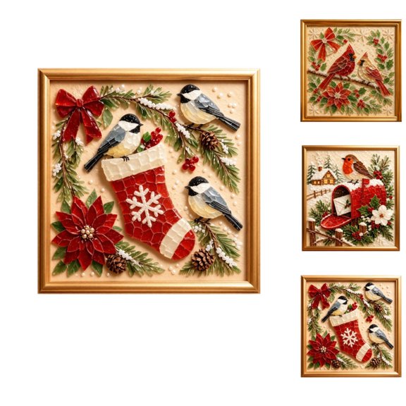 Christmas Sea Glass Art Kit, Winter Festive Cardinal Bird Xmas Mosaic Supplies, Framed Craft Kit Compatible with Multiple Home Decoration Styles