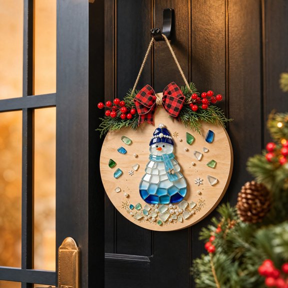 Christmas Sea Glass Art Kit with Round Wooden Snowman Design for Christmas Decoration, Craft Kit for Adults