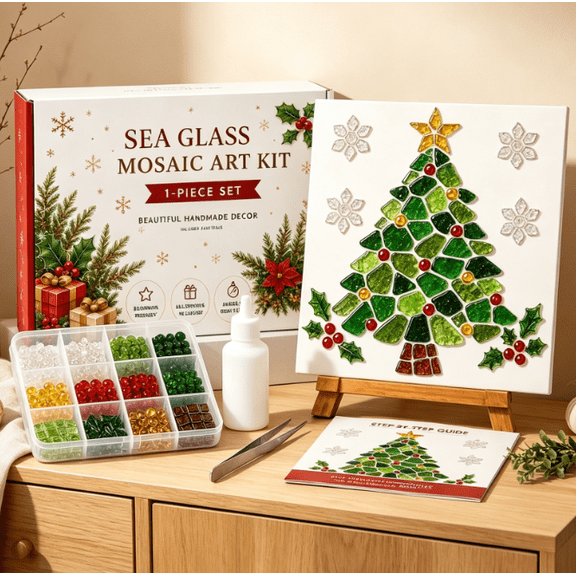 Christmas Sea Glass Mosaic Art Kit, Festive DIY Glass Mosaic Set, Creative Holiday Home Decoration Craft, Ideal Gift for Family Friends and Art Craft Enthusiasts (Fir‑Star)