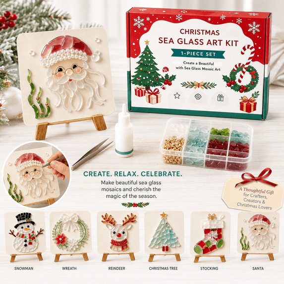 Christmas Sea Glass Mosaic DIY Art Kit, Handmade Christmas Decoration Craft Set, DIY Glass Artwork Making Kit with Tools and Stand, Creative Holiday Gift for Women Family Craft Lovers