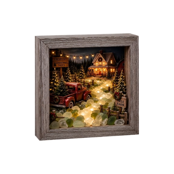 Christmas Sea Glass Shadow Box Night Light, Warm LED Glow Wooden Frame Lamp, Rustic Holiday Home Decor for Bedroom Shelf Entryway (Farm)