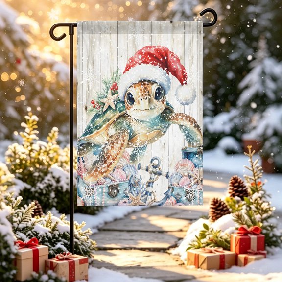 Christmas Sea Turtle Garden Flag 12x18 inch Winter Ocean Coastal Starfish Shell Coral Berry Double Sided Small Decorative Garden Flags for Outside, Outdoor Yard Porch Lawn Decoration