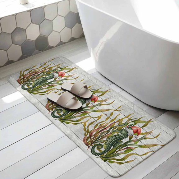 Christmas Seahorse Bathroom Runner Rugs Non Slip Washable Absorbent Narrow Long Bath Mat Winter Ocean Seaweed Wooden Grain Runner Rugs for Kitchen Hallway Bedroom Laundry Study Room 19.7"x63"