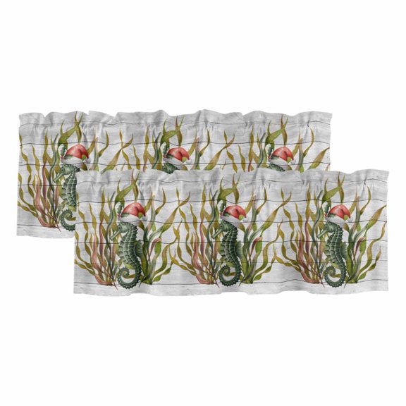 Christmas Seahorse Curtain Valances for Windows, Kitchen Valance Window Treatments Panel 2 Pack, Winter Ocean Seaweed Wooden Grain Rod Pocket Short Curtains for Bathroom Bedroom 54 x 18 Inch