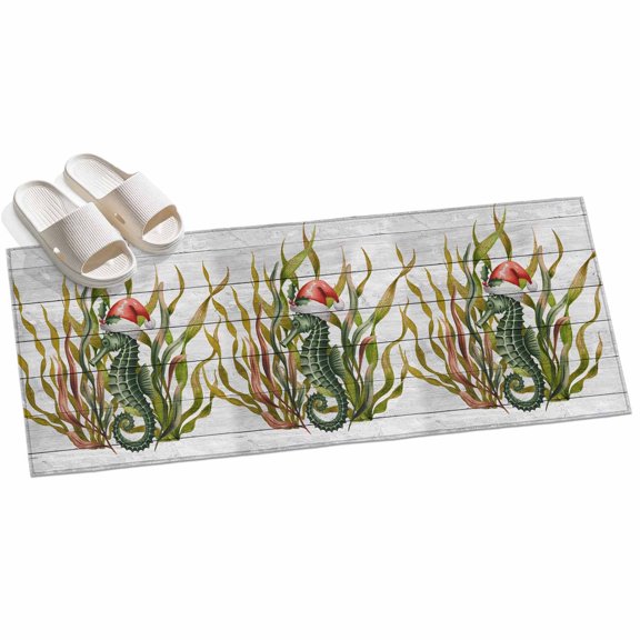 Christmas Seahorse Hallway Runner Rug 2x6 Washable Non Slip Kitchen Runner Rug for Bedside Bathroom Winter Ocean Seaweed Wooden Grain Indoor Floor Carpet Area Rugs for Living Room Bedroom Office