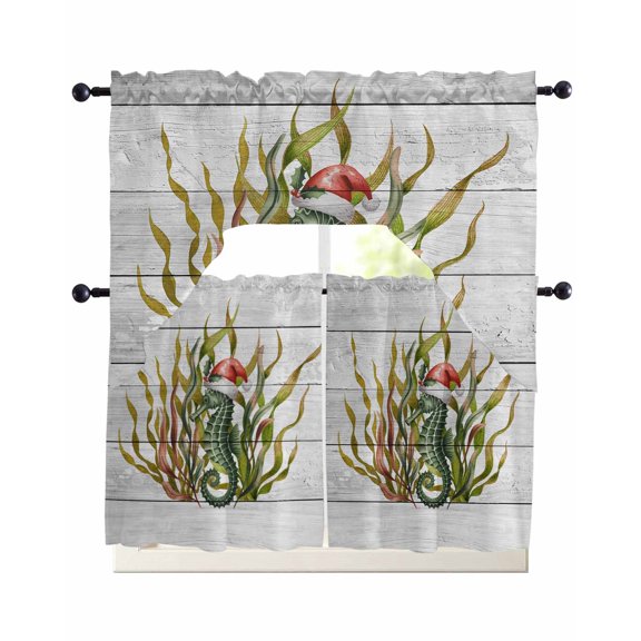 Christmas Seahorse Kitchen Curtains Set for Windows 3 Piece Cafe Curtains 24 Inch Length Swag Curtains Valances and Tier Set Winter Ocean Seaweed Wooden Grain Drapes for Bedroom Bathroom Living Room