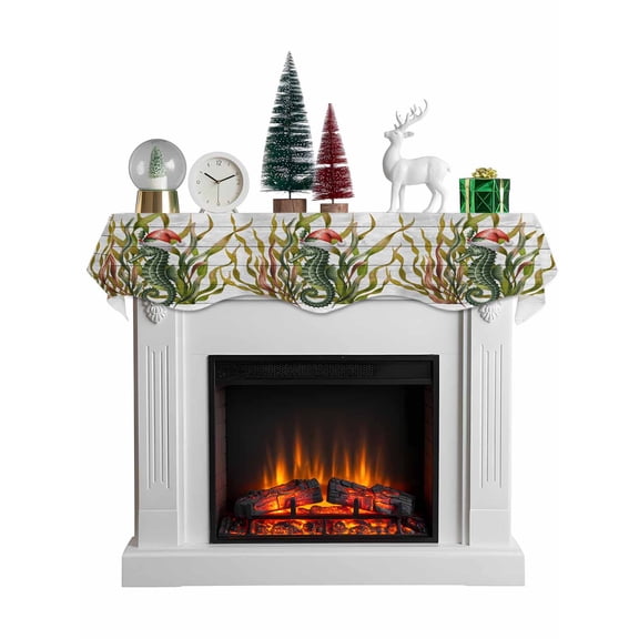 Christmas Seahorse Mantel Scarf Fireplace Decorations for Living Room, Winter Ocean Seaweed Wooden Grain Fireplace Mantel Scarf Cover Runner for Halloween/Thanksgiving/Christmas Decor 70"x17"