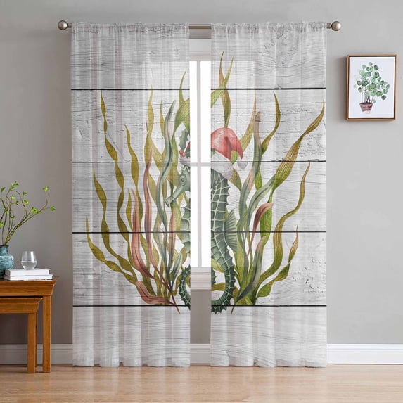 Christmas Seahorse Sheer Curtains 63 Inch Length 2 Panels Set, Semi Transparent Voile Rod Pocket Curtains for Living Dining Room Bedroom Drapes Winter Ocean Seaweed Wooden Grain