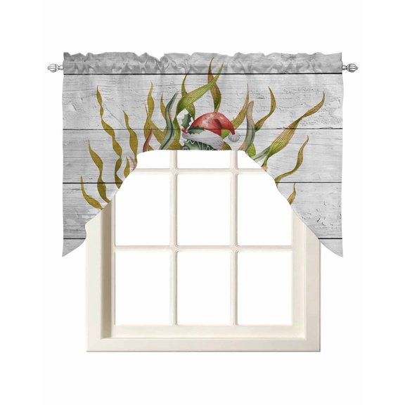 Christmas Seahorse Swag Curtains for Kitchen Winter Ocean Seaweed Wooden Grain Valances for Windows Rod Pocket Small Window Treatment Short Topper for Cafe Bedroom Bathroom Decor 56x36 Inch