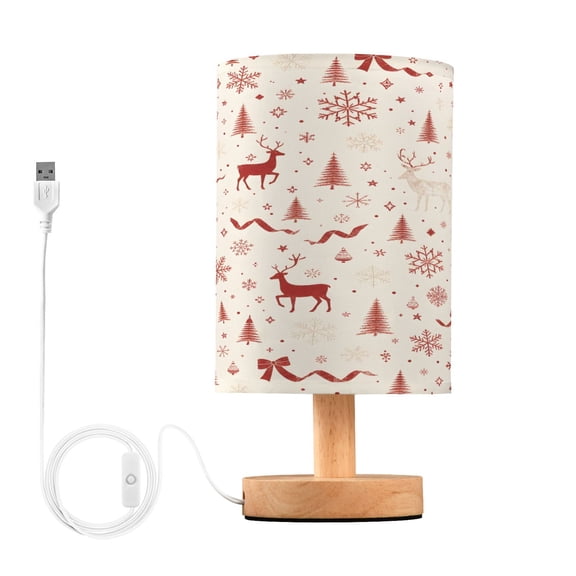 Christmas Seamless Deers Table Lamp, Fully Dimmable Nightstand Lamp with USB and Linen Fabric Shade, Modern Gifts for Bedroom, Living Room, Office