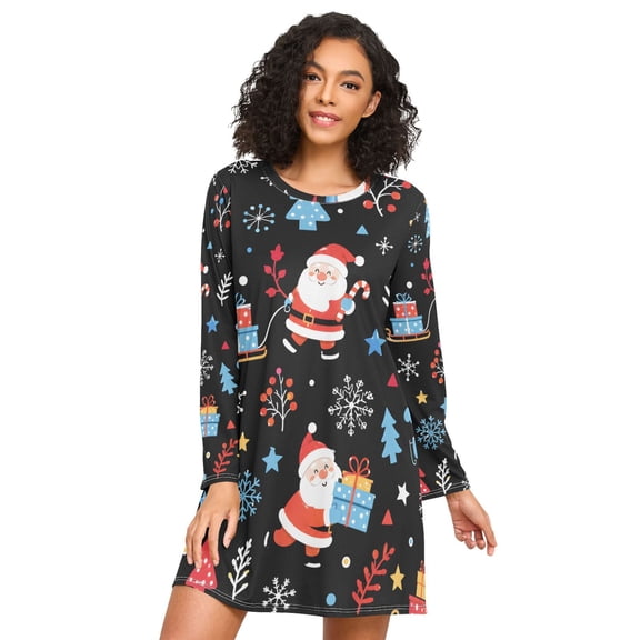 Christmas Seamless Nightgowns for Women Soft Sleepwear Long Sleeves Ladies Sleepshirt Nightdress