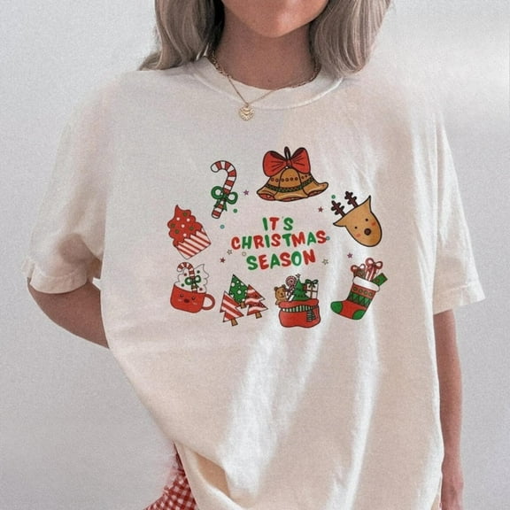 Christmas Season Tee Festive Icons Graphic Holiday Cute Top Red Green Short Sleeve Round Neck White S-5XL