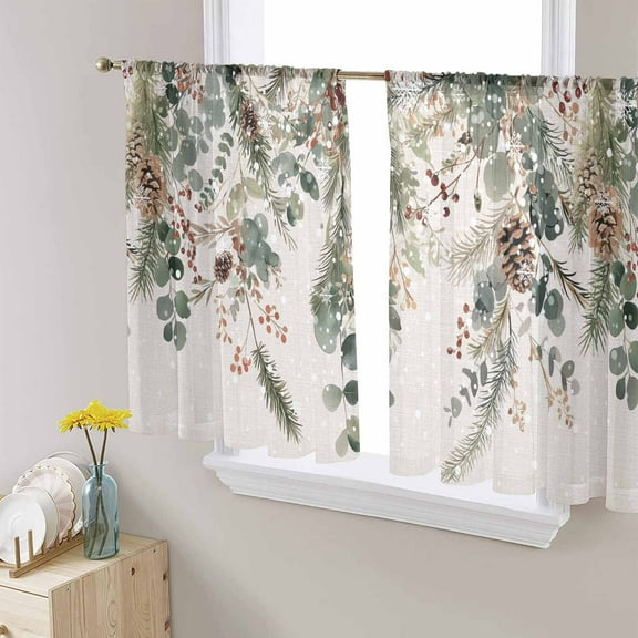 Christmas Semi Sheer Curtains 54 Inch Length 2 Panels Set,Xmas Botanical Pinecone Eucalyptus Leaves Rustic Sheer Kitchen Curtain Privacy Voile Window Curtain for Living Room Bedroom Rod Pocket Drapes