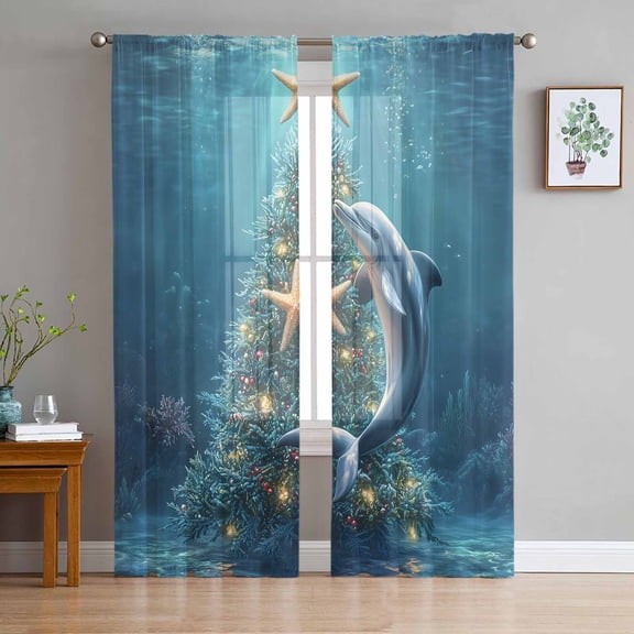Christmas Semi Sheer Curtains 96 Inch Length 2 Panels Set, Winter Ocean Pine Tree Starfish Coral Dolphin Sheer Kitchen Curtain Privacy Voile Window Curtain for Living Room Bedroom Rod Pocket Drapes