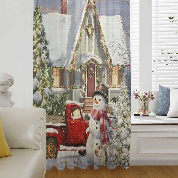 Christmas Semi Sheer Curtains Drapes for Living Room,Bedroom,French Doors Window 72 Inches Long,Farmhouse Xmas Snowman Tree Truck Snowflake Rod Pocket Chiffon Curtain Drapery Voile Draperies Panel