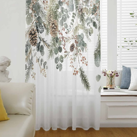 Christmas Semi Sheer Curtains Drapes for Living Room, Bedroom, French Doors Window 84 Inches Long, Xmas Botanical Pinecone Eucalyptus Leaves Rod Pocket Chiffon Curtain Drapery Voile Draperies Panel