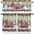 thumbnail image 1 of Christmas Semi-Sheer Rod Pocket Kitchen Curtain Valance and Tiers Set,Red Truck with Xmas Tree Snowmen Farmhouse 24 Inch Length Living Room Bedroom Bathroom 3 Piece Set, 1 of 5