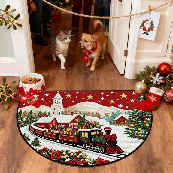 Christmas Semicircle Door Mat - Polyester Fiber, Non-Slip Backing, Absorbent Entryway Rug, Washable, Dirt-Resistant Floor Mat