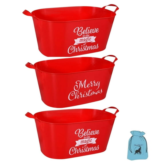 Christmas Sentiment Oval Buckets with Handles for Decorative Storage Drink Cooler Party Beverages Candies Vegetable Plastic Basket Home Kitchen Cabinet Organizer Gift Set of 3 (Design may Vary)