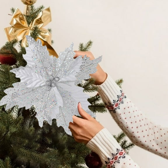 Christmas Sequin Floral Arrangement Decor, 3 Tier 14.5 Inch Artificial Flower with Bells and Lace, Tree Cutout Decoration for Tabletop Display