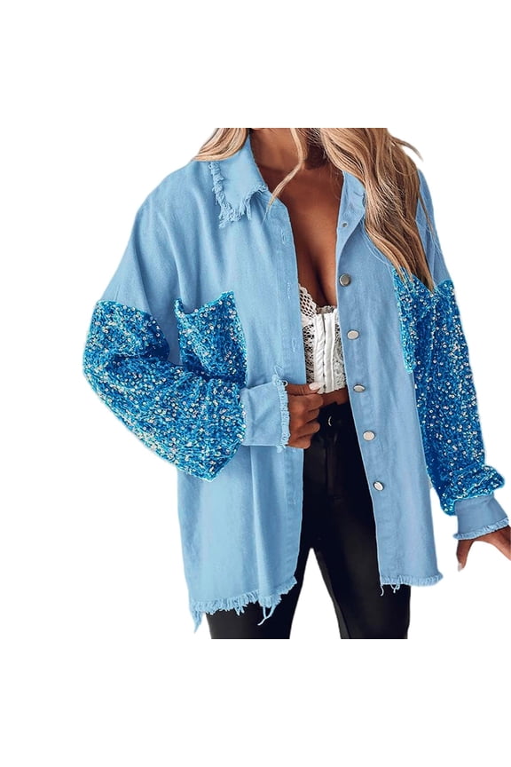 Christmas Sequin Patchwork Denim Jacket For Women Long Sleeve Lapel Frayed Hem Button Down Shacket Coat Oversized