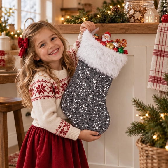 Christmas Sequins Stocking with White Faux Fur Cuff, Sparkly Xmas Stocking Sock for Fireplace Hanging, Christmas Decor Candy Gift Bag Decorations, Single Pack, Gray
