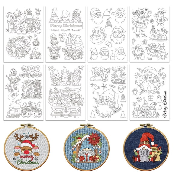 Christmas Series 8 Sheets 2 Styles Stick and Stitch Embroidery Patterns Non-woven Fabrics Water Soluble Embroidery Stabilizers Gnome