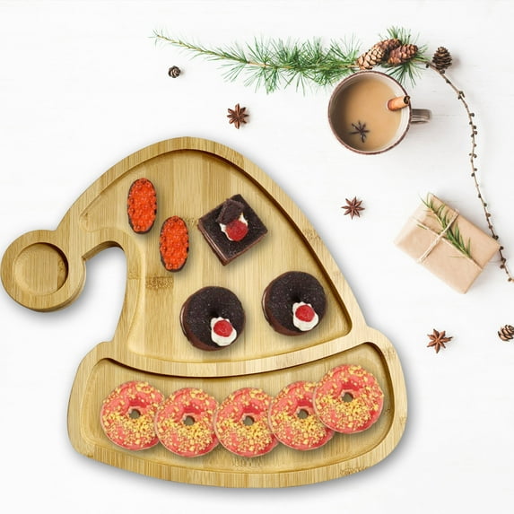 Christmas Serving Tray Platter Charcuterie Board Xmas Wood Serving Dish Rustic Farmhouse Table Plate for Cheese Food Fruit Party, Santa Hat