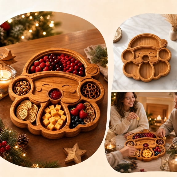 Christmas Serving Tray Wooden Divided Compartment Shaped Design For Holiday Snack Food Display