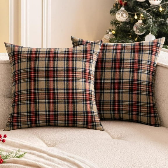 Christmas Set of 2 Scottish Tartan Throw Pillow Covers Farmhouse Classic Plaid Decorative Couch Pillows Home Decor for Sofa Living Room Bed 18x18 Inch, Khaki