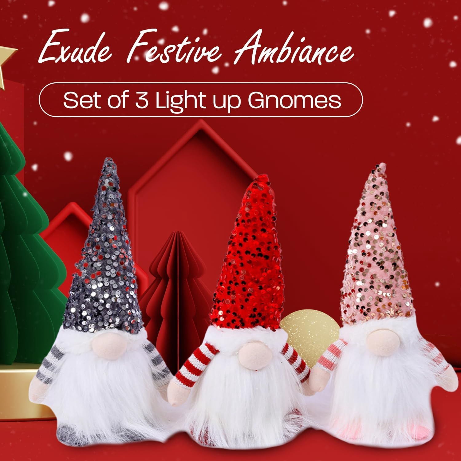 Christmas Set of 3 Light Up Christmas Gnomes, Silver, Pink & Red Christmas Gnomes - Plush Lighted Tomte Ornaments Figurines Dolls, Christmas Decorations
