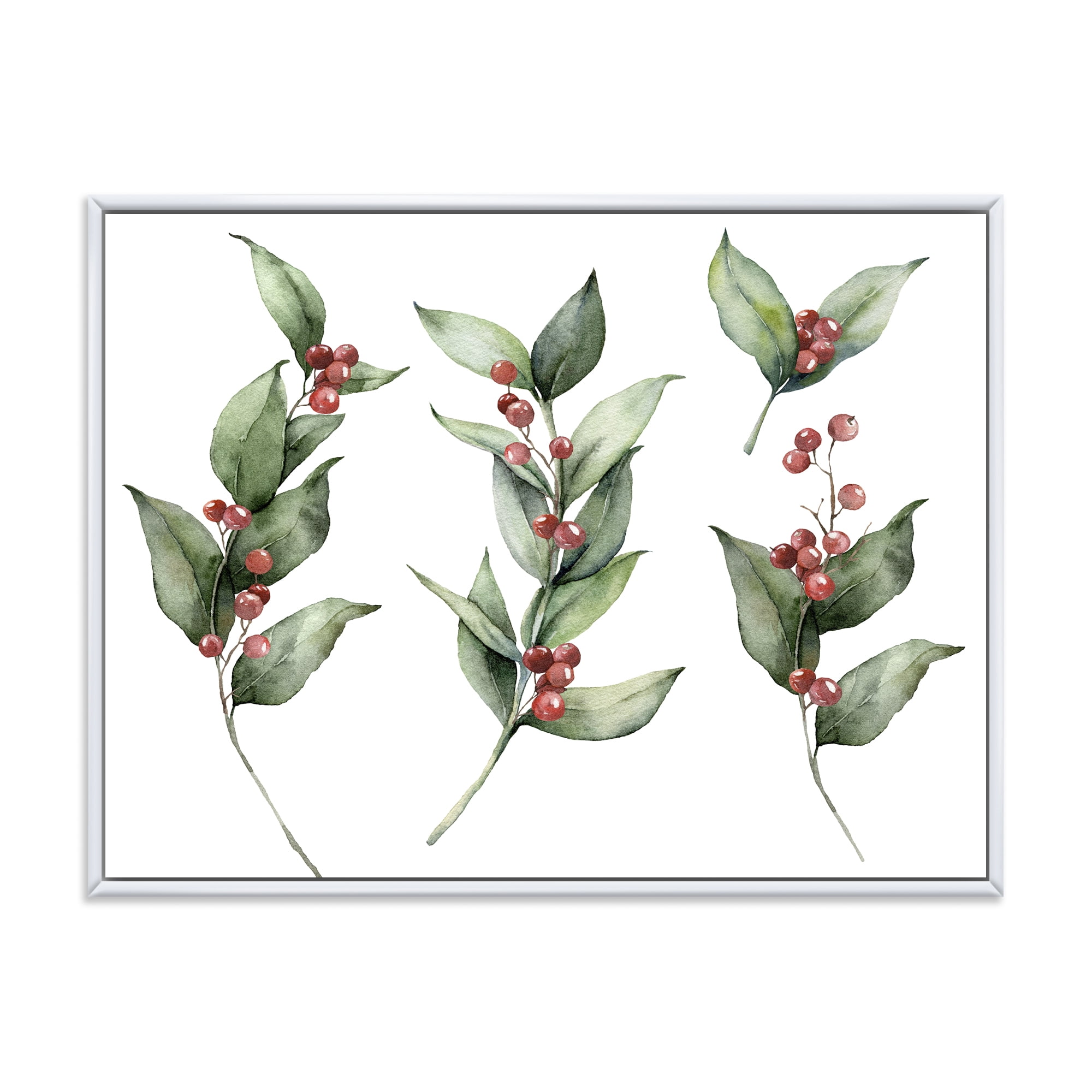 Christmas Set Red Berrie With Branches 32 in x 24 in Framed Painting Canvas Art Print, by Designart
