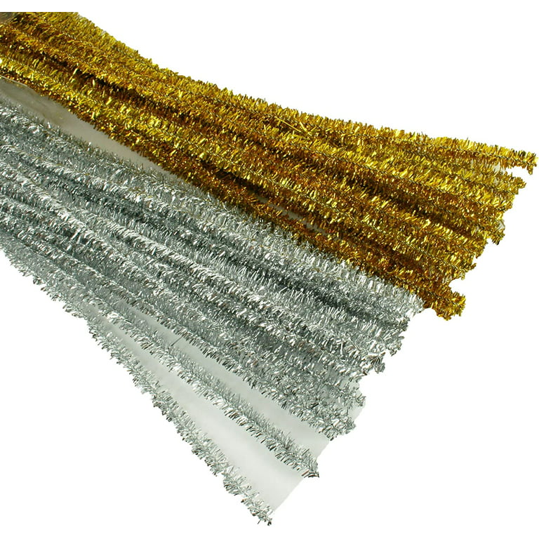 Christmas Set of 100 Metallic Tinsel Pipe Cleaners for Kids Crafts,  Embellishing and Group Projects (Silver, Gold)
