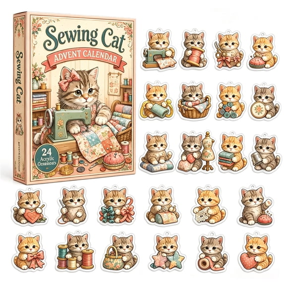 Christmas Sewing Cat Countdown With 24 Pcs 2D Acrylic Christmas Countdown Ornament Blind Box for Adults DIY Craft Holiday Wall Decor Very Lovely Festive Gift Set for Cat Mom Home Decoration