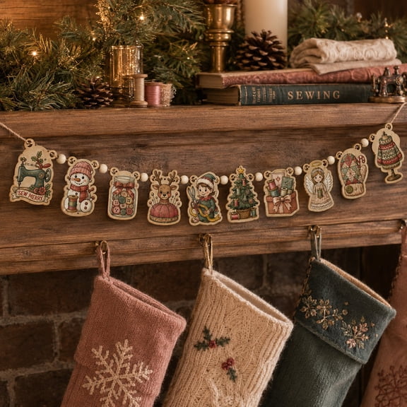 Christmas Sewing Ornament Wooden Garland for Sewing Lovers
