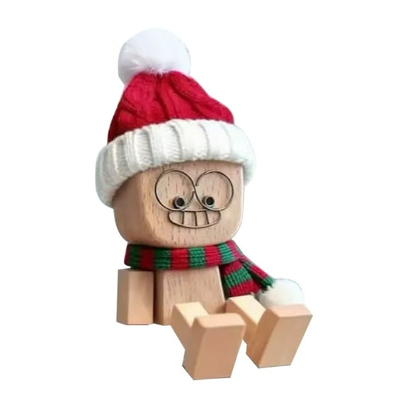 Christmas Shaking Feet Wooden Doll, Shaking Wooden Man Figurine with Spring Legs, Christmas Hat and Scarf, Tiny Wooden Shaking Man for Car Dashboard, Little Wooden Figure for Xmas Home Decor