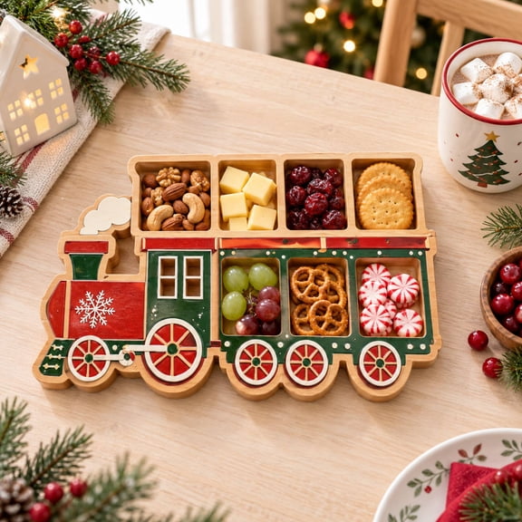 Christmas Shaped Divided Serving Tray, Holiday Snack Platter, Wooden Food Container for Party Cheese, Fruit and Nut Appetizers.