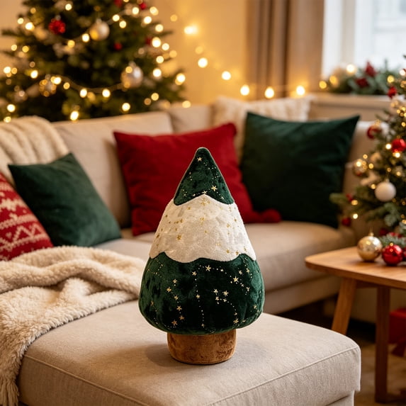 Christmas Shaped Throw Pillow, Green Cotton Stuffed Holiday Cushion for Sofa and Bed