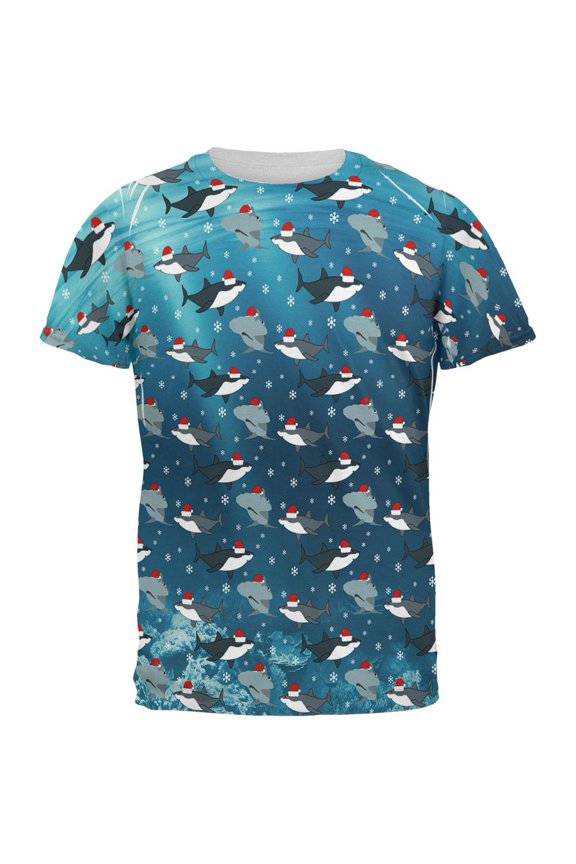 Christmas Shark Pattern All Over Mens T Shirt Multi SM