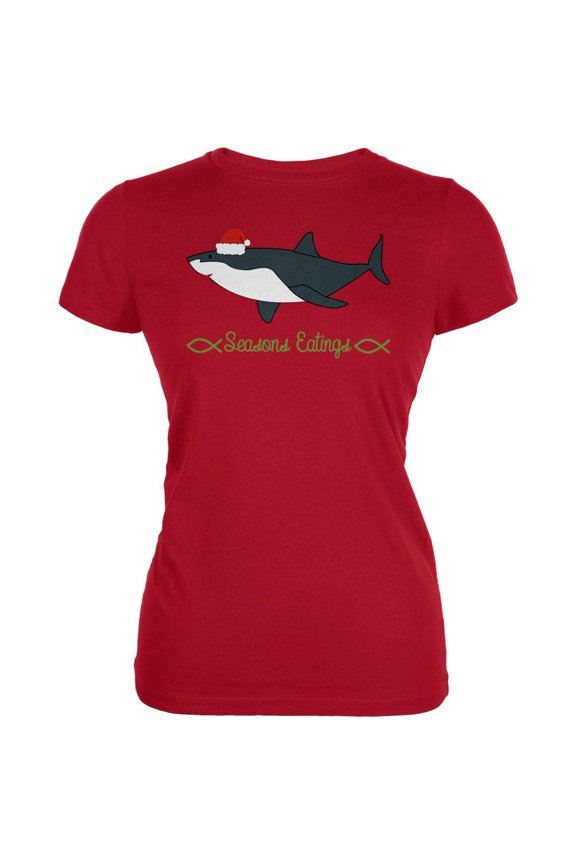 Christmas Shark Seasons Greetings Funny Pun Juniors Soft T Shirt Red SM