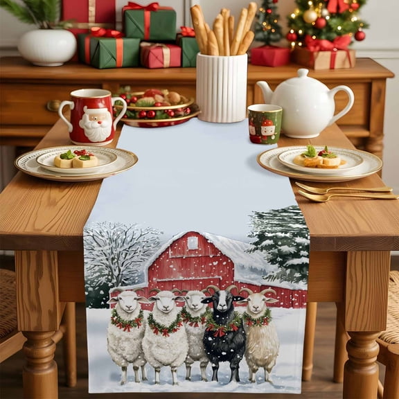 Christmas Sheep Farm Red Barn Table Runner 13x90in Non-Slip Cotton Linen Table Runners, Winter Snow Scene Dresser Scarves TableRunner for Dinner Kitchen Dining Wedding Party