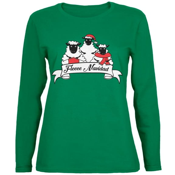 Christmas Sheep Feliz Fleece Navidad Womens Long Sleeve T Shirt Green SM