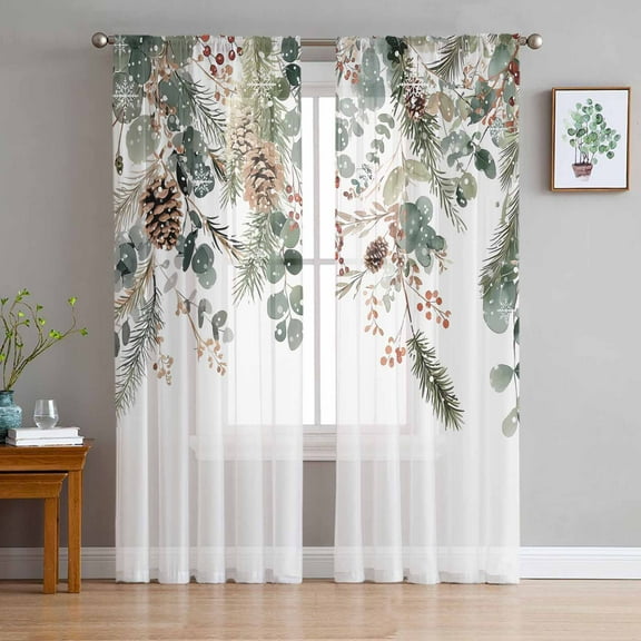 Christmas Sheer Curtains 108 Inch Length 2 Panels Set for Living Room/Bedroom, Xmas Botanical Pinecone Eucalyptus Leaves Curtain Sheers Drapes Rod Pocket Curtains Window Treatment Set 52''x108''x2