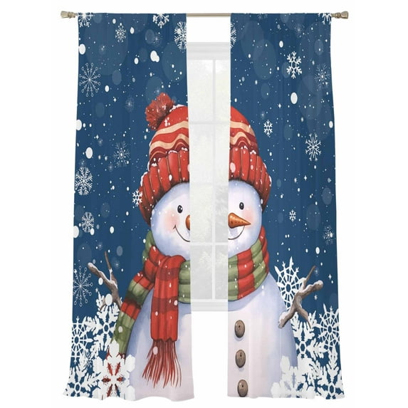 Christmas Sheer Curtains 108 Inches Long 2 Panels Snowman with Cap Xmas Snowflake Navy Blue Light Filtering Semi Sheer Window Curtains Drapes for Bedroom Living Room 52"x108"x2