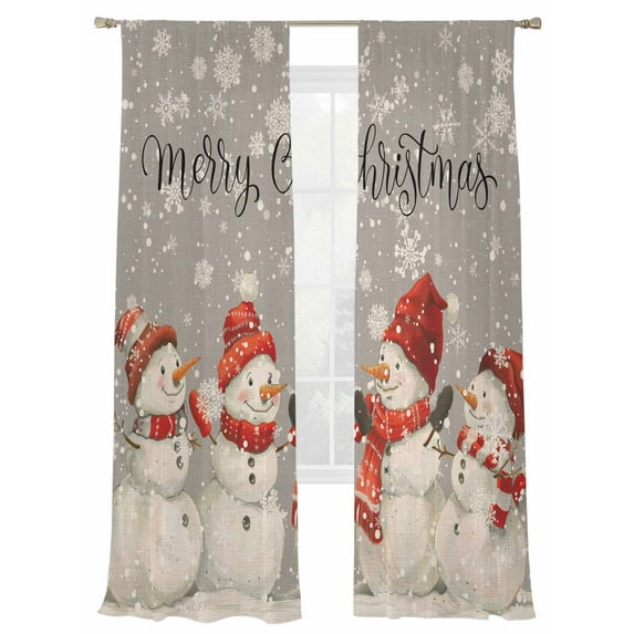 Christmas Sheer Curtains 108 inches Long 2 Panels Set Snowman Watercolor Snowflakes Hand Painted Retro Gray Tiers Sheers Rod Pocket Small Window Short Curtains for Kitchen Cafe, Each 52" W x 108" L