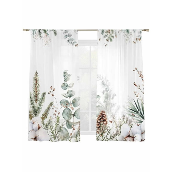 Christmas Sheer Curtains 2 Panels Set, Winter Eucalyptus Leaf Snow Pine Cone Window Sheer Curtains for Living Room/Bedroom, Light Filtering Rod Pocket Voile Drapes, 52" W x 72" L