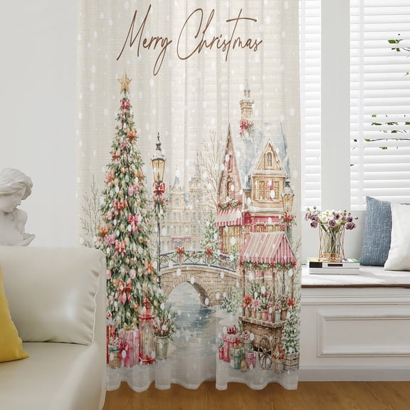 Christmas Sheer Curtains 45 Inch Length, Light Filtering Voile Curtain Panel, Farmhouse Xmas Tree Gifts Snowflake Rustic Rod Pocket Drapes Window Treatments for Living Room Bedroom 52"x45"