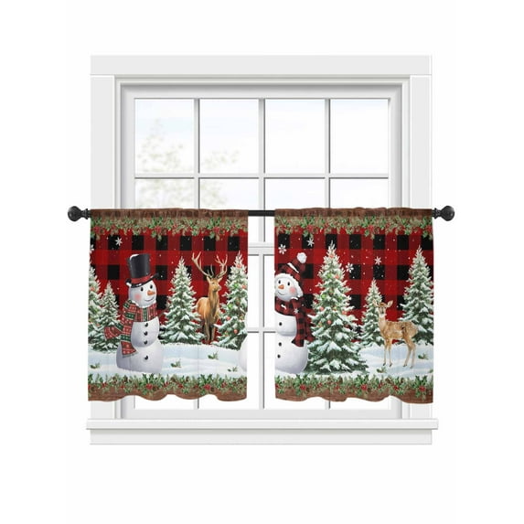 Christmas Sheer Curtains 45 inches Long, Snowman Elk Pine Tree Leaf Ball Wooden Red Plaid Light Filtering Sheer Window Curtains Rod Pocket Voile Drapes for Bedroom Living Room, 2 Panels 52"W x 45"L