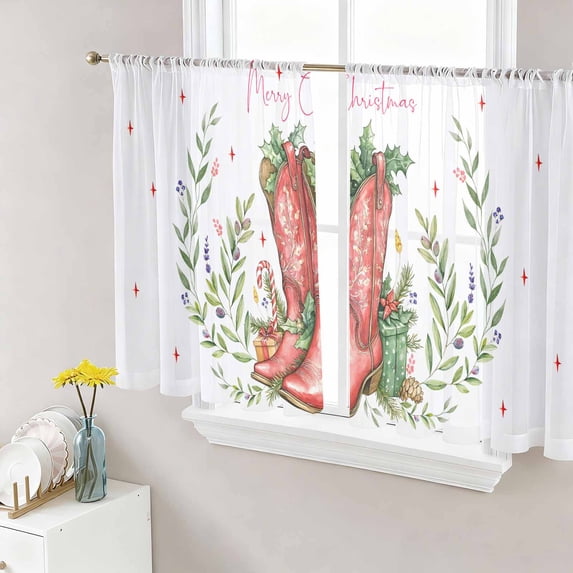 Christmas Sheer Curtains 54 Inch Length 2 Panels Set, Cowboy Xmas Botanical Watercolor Voile Window Treatment Rod Pocket Short Kitchen Curtains Drapes for Bedroom 52"x54"x2