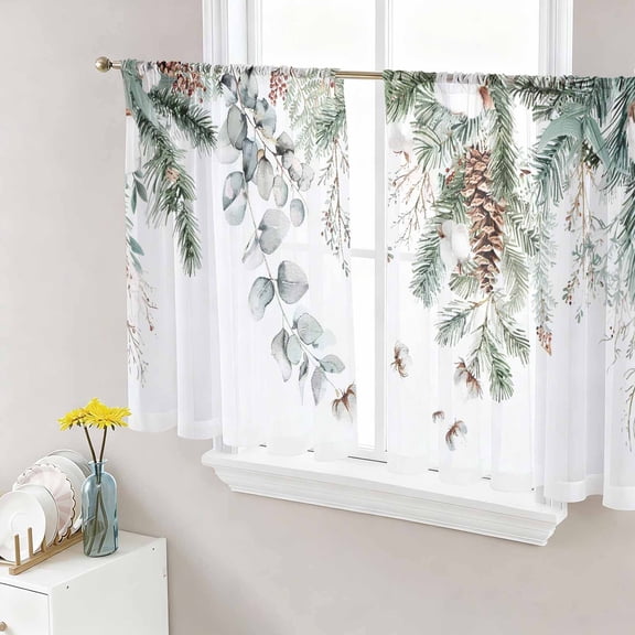 Christmas Sheer Curtains 54 Inch Length 2 Panels Set, Pinecone Eucalyptus Leaves Xmas Botanical Voile Window Treatment Rod Pocket Short Kitchen Curtains Drapes for Bedroom 52"x54"x2
